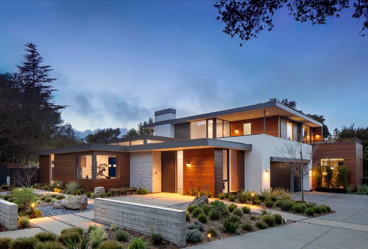Representative luxury San Carlos home with contemporary architecture and landscaped grounds