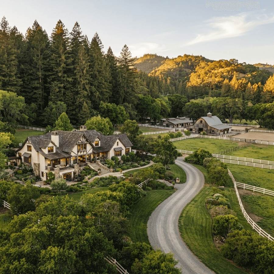 Representative Family Farm ranch estate at dusk with white-fenced pastures