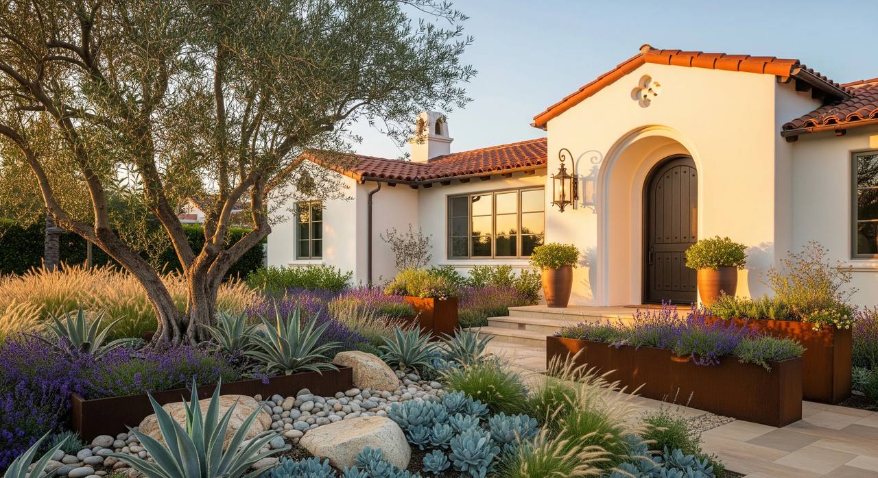 Two-story family home exterior with garden