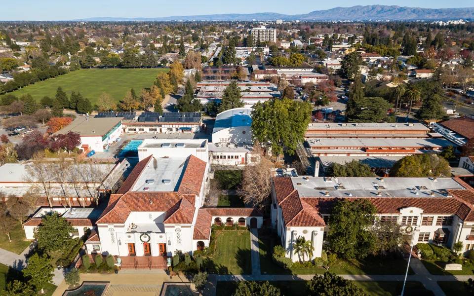 Suburban school campus with green lawns in California