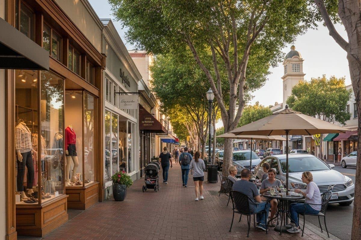 Tree-lined street in downtown Menlo Park near Santa Cruz Avenue, California