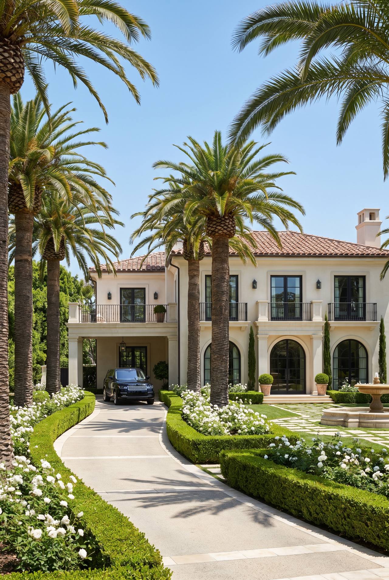 California home with palm trees along driveway