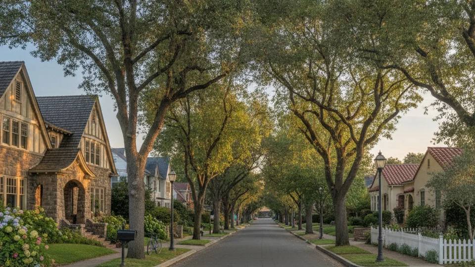 Tree-lined suburban street with homes in Parkland, Sunnyvale