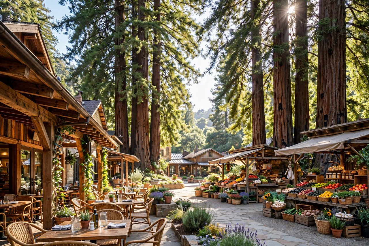 Village town center with cafes under redwoods, Portola Valley California