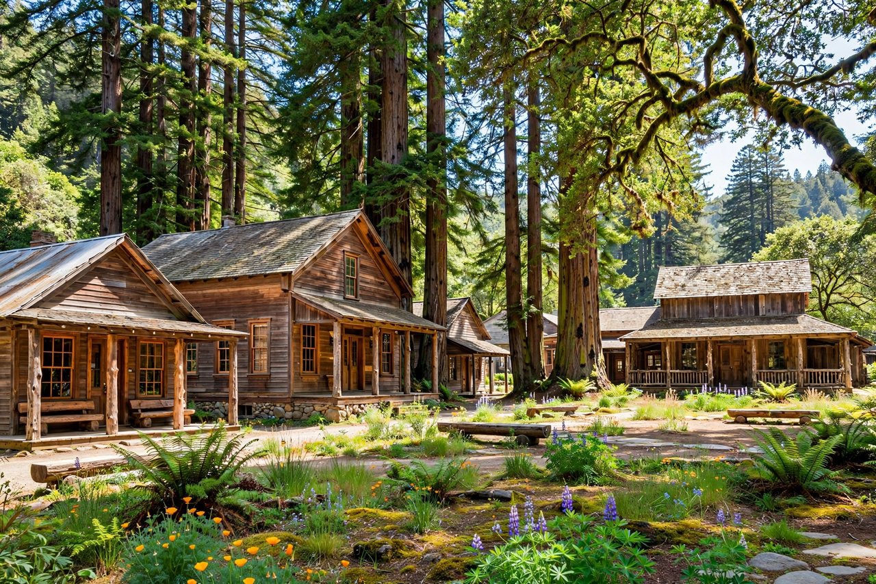 Rustic Portola Valley town center with redwoods, California