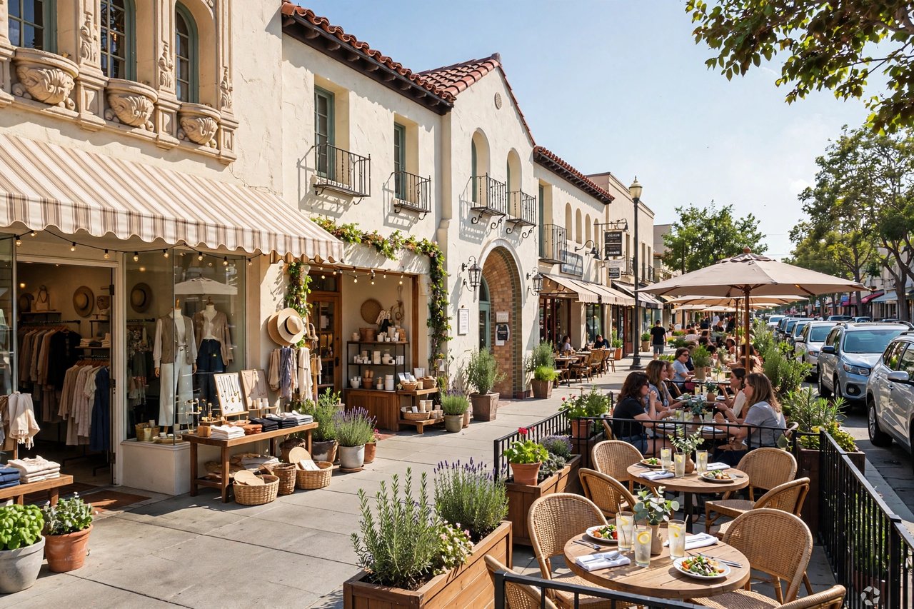 Boutique shops and restaurant patios on a main street, San Carlos California