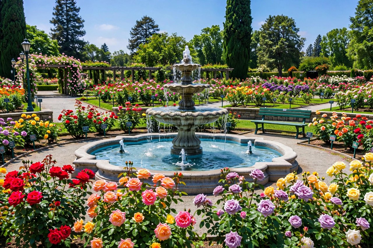 San Jose Municipal Rose Garden in full bloom, California