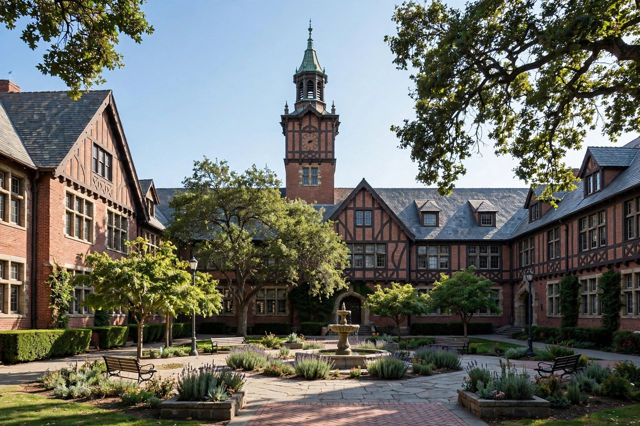 San Mateo High School historic building with courtyard, California