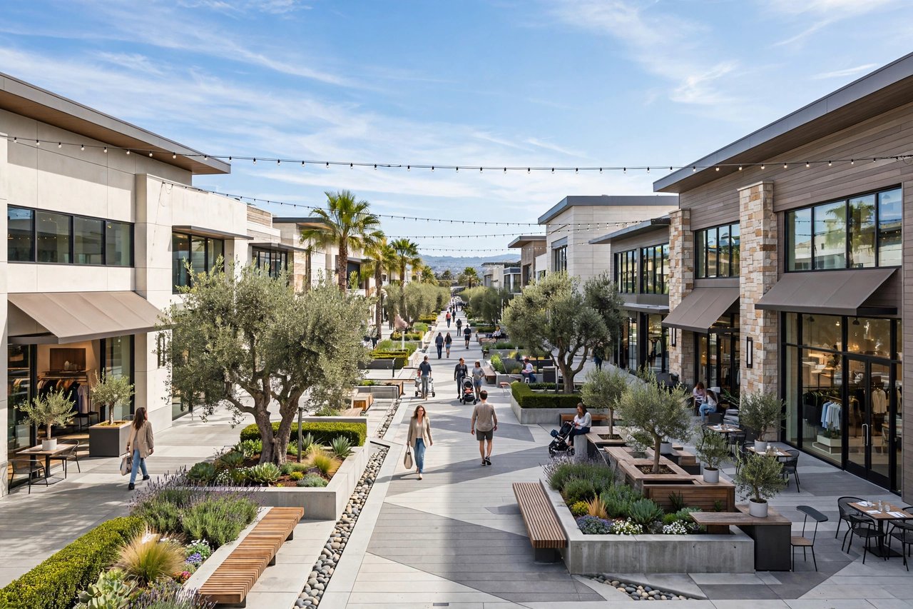 Modern outdoor shopping promenade, San Mateo California