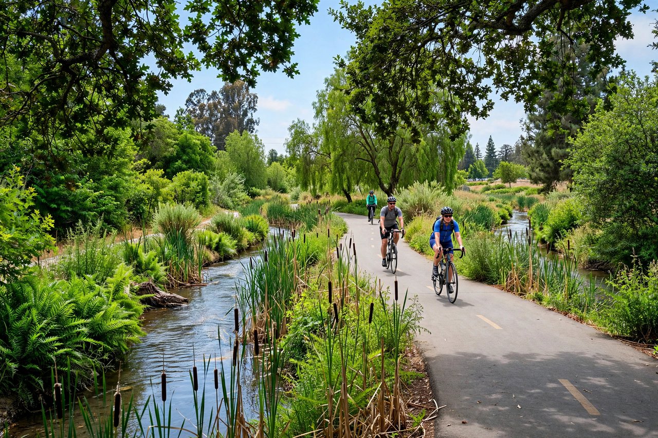 San Tomas Aquino Creek Trail with cyclists, Santa Clara California