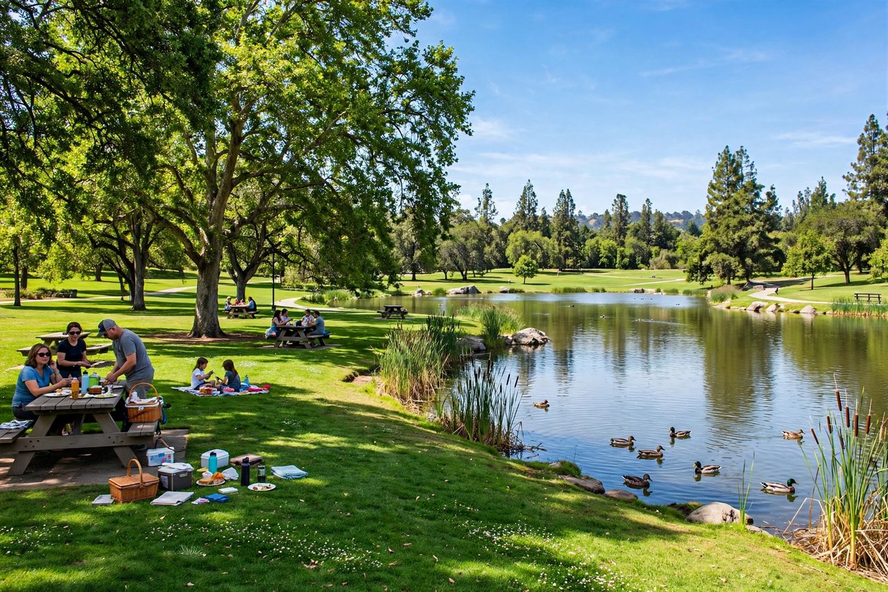 Central Park lake with lawns and picnic areas, Santa Clara California