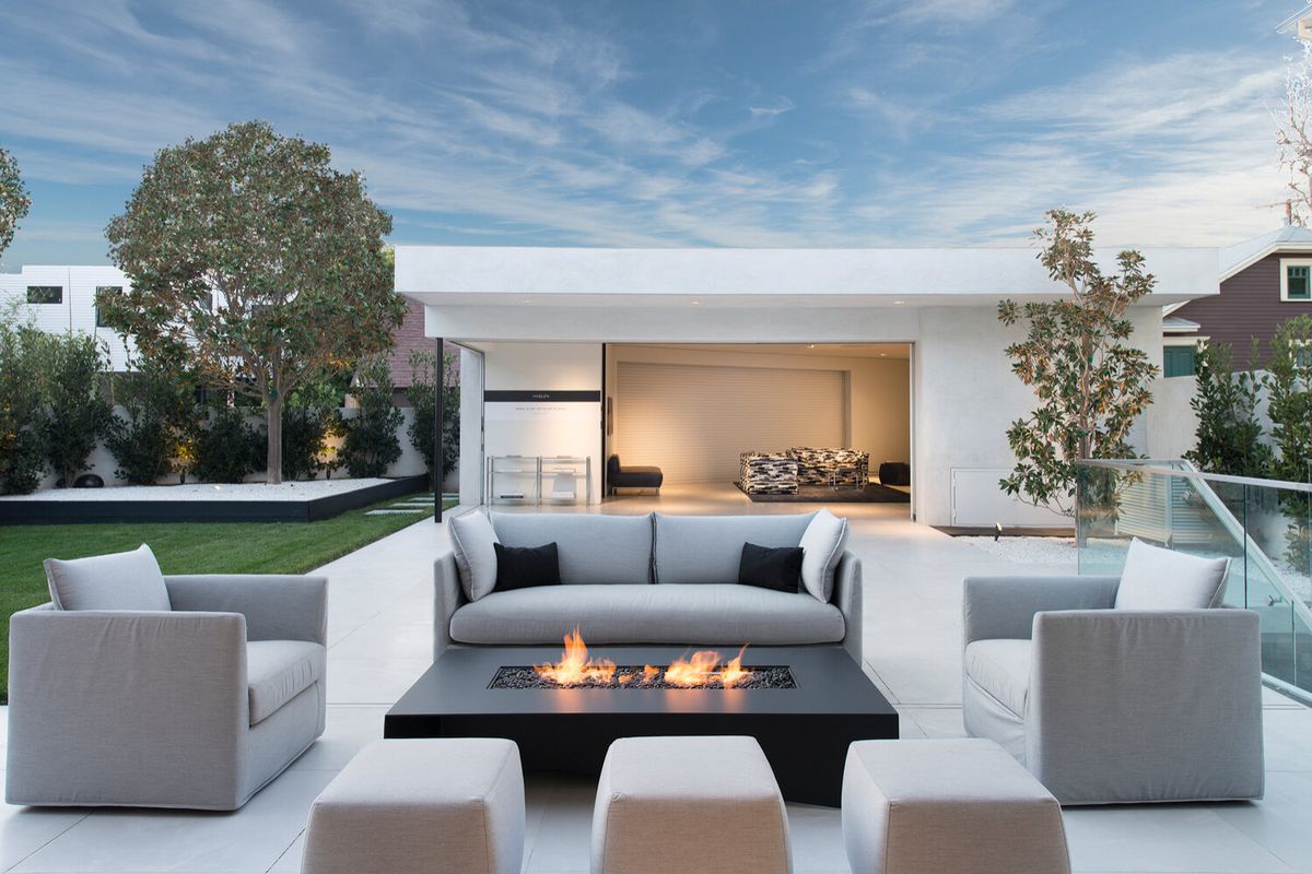 Modern patio and outdoor living space at a Portola Valley home