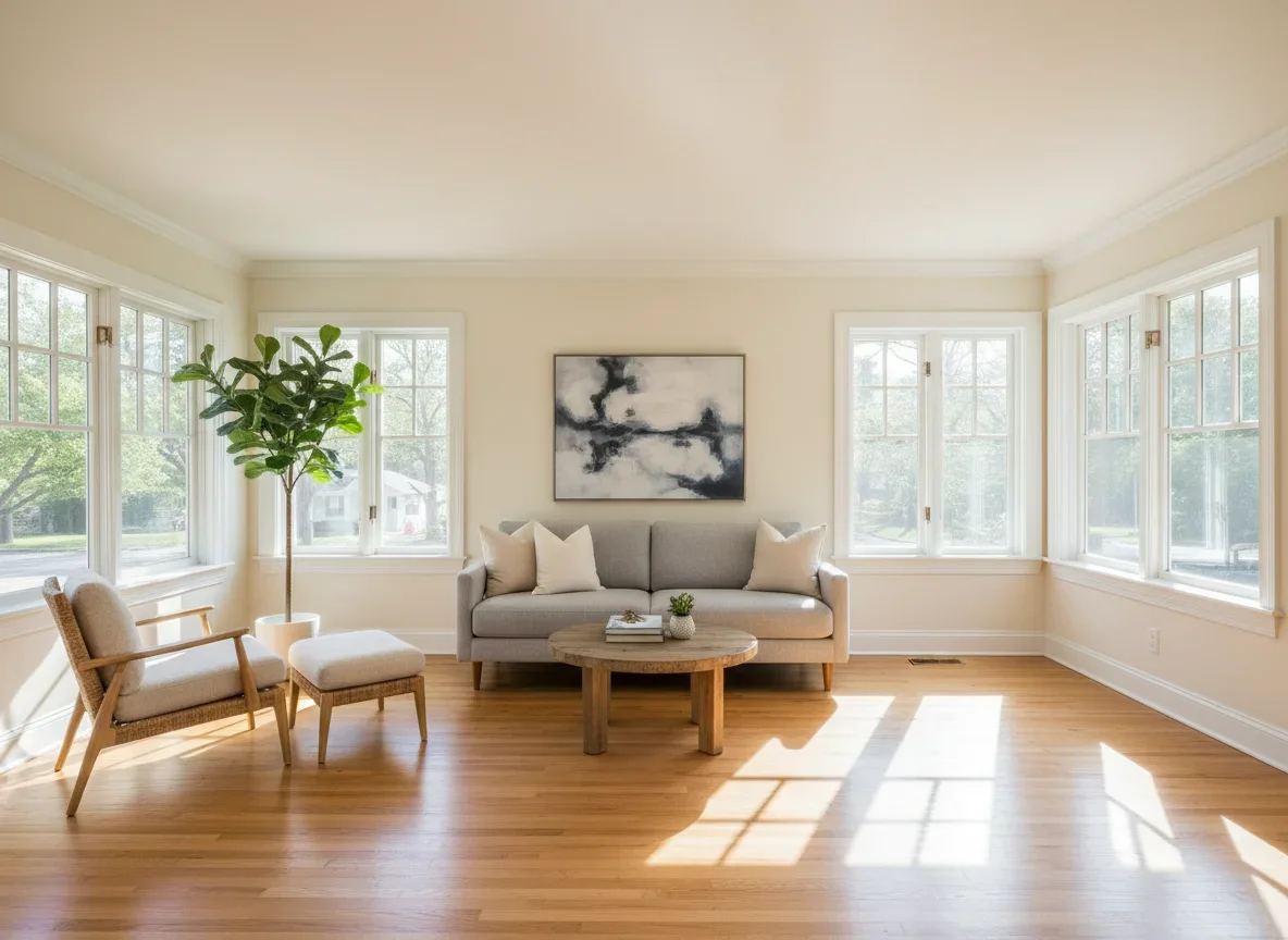 Bright staged living room prepared for sale in Silicon Valley